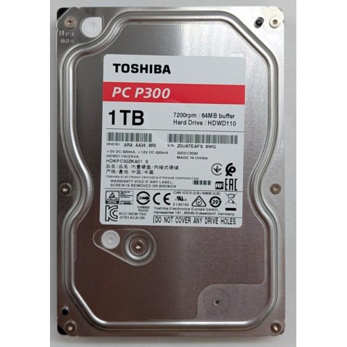 Купить Жесткий диск Toshiba P300 1TB 64MB 7200RPM 3.5" (HDWD110UZSVA) (Восстановлено продавцом, 797177) с проверкой совместимости: обзор, характеристики, цена в Киеве, Днепре, Одессе, Харькове, Украине | интернет-магазин TELEMART.UA фото