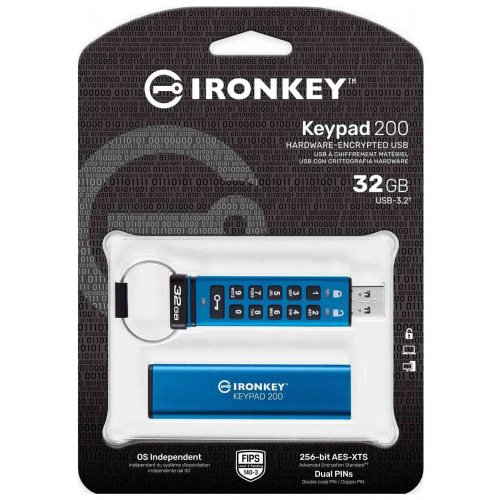 Купити Накопичувач Kingston IronKey Keypad 200 32GB USB 3.2 Gen 1 (IKKP200/32GB) Blue - ціна в Києві, Львові, Вінниці, Хмельницькому, Франківську, Україні | інтернет-магазин TELEMART.UA фото