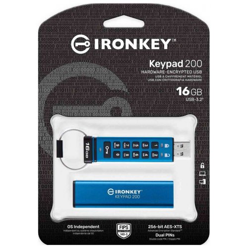 Купить Накопитель Kingston IronKey Keypad 200 16GB USB 3.2 Gen 1 (IKKP200/16GB) Blue - цена в Харькове, Киеве, Днепре, Одессе
в интернет-магазине Telemart фото