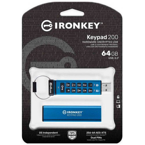 Купить Накопитель Kingston IronKey Keypad 200 64GB USB 3.2 Gen 1 (IKKP200/64GB) Blue - цена в Харькове, Киеве, Днепре, Одессе
в интернет-магазине Telemart фото