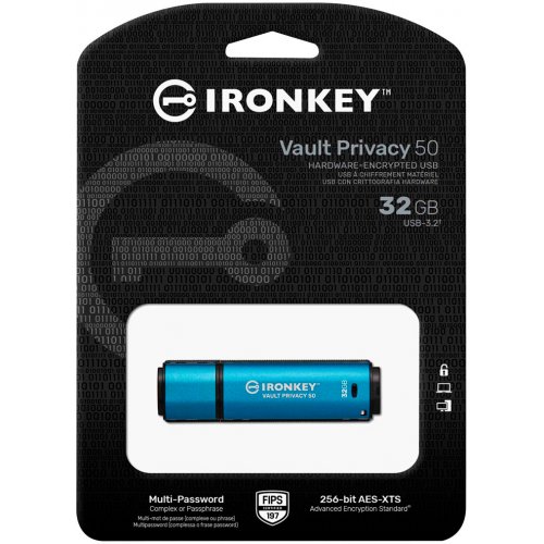 Купить Накопитель Kingston Vault Privacy 50 32GB USB 3.2 Gen 1 (IKVP50/32GB) Blue - цена в Харькове, Киеве, Днепре, Одессе
в интернет-магазине Telemart фото