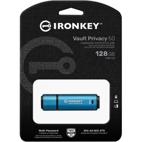 Купити Накопичувач Kingston Vault Privacy 50 128GB USB 3.2 Gen 1 (IKVP50/128GB) Blue - ціна в Києві, Львові, Вінниці, Хмельницькому, Франківську, Україні | інтернет-магазин TELEMART.UA фото