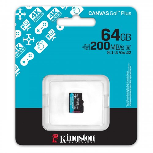 Купити Карта пам'яті Kingston microSDXC Canvas Go! Plus G4 64GB Class 10 UHS-I U3 A2 V30 (SDCG4/64GBSP) - ціна в Києві, Львові, Вінниці, Хмельницькому, Франківську, Україні | інтернет-магазин TELEMART.UA фото