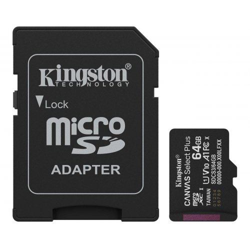 Купить Карта памяти Kingston microSDXC Canvas Select Plus G3 64GB Class 10 UHS-I U1 A1 V10 (с адаптером) (SDCS3/64GB) - цена в Харькове, Киеве, Днепре, Одессе
в интернет-магазине Telemart фото
