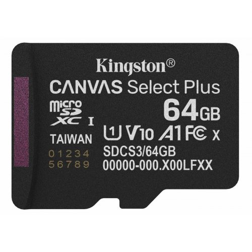 Купити Карта пам'яті Kingston microSDXC Canvas Select Plus G3 64GB Class 10 UHS-I U1 A1 V10 (SDCS3/64GBSP) - ціна в Києві, Львові, Вінниці, Хмельницькому, Франківську, Україні | інтернет-магазин TELEMART.UA фото