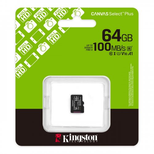 Купити Карта пам'яті Kingston microSDXC Canvas Select Plus G3 64GB Class 10 UHS-I U1 A1 V10 (SDCS3/64GBSP) - ціна в Києві, Львові, Вінниці, Хмельницькому, Франківську, Україні | інтернет-магазин TELEMART.UA фото