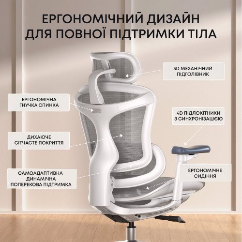 Купити Крісло офісне Sihoo DORO C300L Mesh (DORO-C300L-A3-102) White - ціна в Києві, Львові, Вінниці, Хмельницькому, Франківську, Україні | інтернет-магазин TELEMART.UA фото