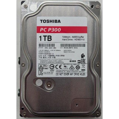 Купить Жесткий диск Toshiba P300 1TB 64MB 7200RPM 3.5" (HDWD110UZSVA) (Восстановлено продавцом, 801432) с проверкой совместимости: обзор, характеристики, цена в Киеве, Днепре, Одессе, Харькове, Украине | интернет-магазин TELEMART.UA фото