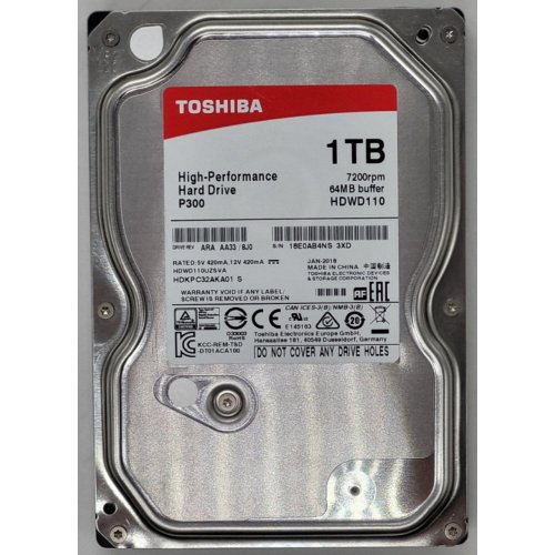 Жорсткий диск Toshiba P300 1TB 64MB 7200RPM 3.5" (HDWD110UZSVA) (Відновлено продавцем, 802780) купити з перевіркою сумісності: огляд, характеристики, ціна у Києві, Львові, Вінниці, Хмельницькому, Івано-Франківську, Україні | інтернет-магазин TELEMART.UA фото