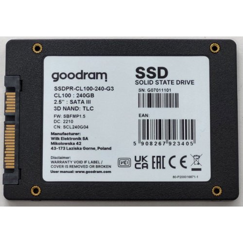 Купить Ssd-диск GoodRAM CL100 Gen.3 3D NAND TLC 240GB 2.5" (SSDPR-CL100-240-G3) (Восстановлено продавцом, 803686) с проверкой совместимости: обзор, характеристики, цена в Киеве, Днепре, Одессе, Харькове, Украине | интернет-магазин TELEMART.UA фото