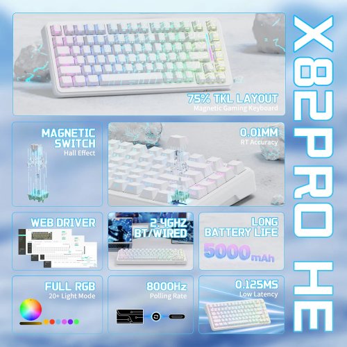 Клавіатура Attack Shark X82 Pro RGB HE Magnetic Switch Wireless (AS-6972792470702-WCL) White Contour Line купити в Україні: Київ, Львів, Хмельницький, Тернопіль | Низька ціна, відгуки, характеристики від TELEMART фото