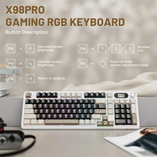 Клавиатура Attack Shark X98 Pro RGB Linear Blueberry Switch Wireless (AS-6972792470559-CW-UA) Cheese White купить в Украине: Киев, Днепр, Харьков, Одесса  | Низкая цена, отзывы, характеристики от TELEMART фото