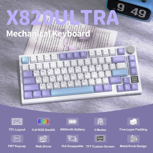 Клавиатура Attack Shark X820 Ultra RGB Linear Gift Switch Wireless (AS-6972792471273-L-UA) Lavender купить в Украине: Киев, Днепр, Харьков, Одесса  | Низкая цена, отзывы, характеристики от TELEMART фото