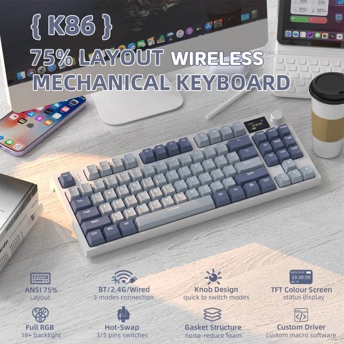 Клавіатура Attack Shark K86 RGB Linear Blue Whale Switches Wireless (AS-6972792471198-LB-UA) Lavener Blue купити в Україні: Київ, Львів, Хмельницький, Тернопіль | Низька ціна, відгуки, характеристики від TELEMART фото