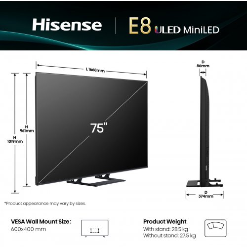 Телевизор Hisense 75" 75E8Q Black купить в Украине: Киев, Днепр, Харьков, Одесса  | Низкая цена, отзывы, характеристики от TELEMART фото