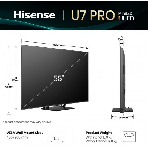Телевизор Hisense 55" 55U7Q PRO Black купить в Украине: Киев, Днепр, Харьков, Одесса  | Низкая цена, отзывы, характеристики от TELEMART фото