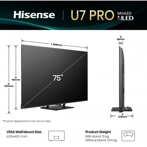 Телевизор Hisense 75" 75U7Q PRO Black купить в Украине: Киев, Днепр, Харьков, Одесса  | Низкая цена, отзывы, характеристики от TELEMART фото