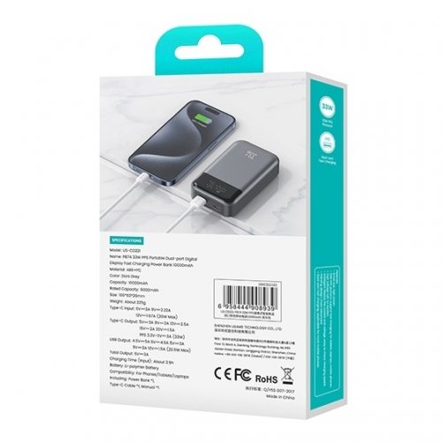 Powerbank Usams US-CD221 10000mAh 33W Dark Grey купити в Україні: Київ, Львів, Хмельницький, Тернопіль | Низька ціна, відгуки, характеристики від TELEMART фото