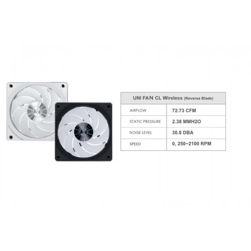 Кулер для корпуса Lian Li Uni Fan CL Wireless Reverse Blade (G99.12RCL1W1W.00) White купити в Україні: Київ, Львів, Хмельницький, Тернопіль | Перевірка сумісності, низька ціна, відгуки, характеристики від TELEMART фото
