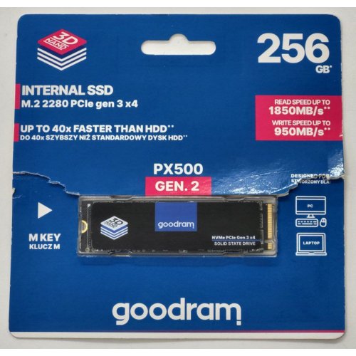 Ssd-диск GoodRAM PX500 Gen.2 3D NAND 256GB M.2 (2280 PCI-E) NVMe x4 (SSDPR-PX500-256-80-G2) (Восстановлено продавцом, 811468) купить в Украине: Киев, Днепр, Харьков, Одесса  | Проверка совместимости, низкая цена, отзывы, характеристики от TELEMART фото