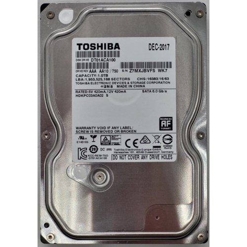 Жорсткий диск Toshiba 1TB 32MB 7200RPM 3.5" (DT01ACA100) (Відновлено продавцем, 811948) купити в Україні: Київ, Львів, Хмельницький, Тернопіль | Перевірка сумісності, низька ціна, відгуки, характеристики від TELEMART фото