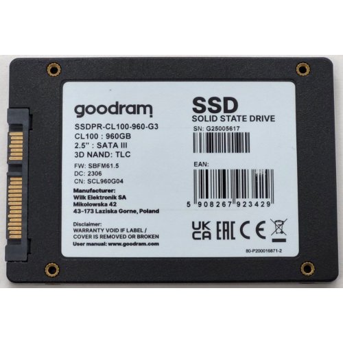 Ssd-диск GoodRAM CL100 Gen.3 3D NAND TLC 960GB 2.5" (SSDPR-CL100-960-G3) (Відновлено продавцем, 812097) купити в Україні: Київ, Львів, Хмельницький, Тернопіль | Перевірка сумісності, низька ціна, відгуки, характеристики від TELEMART фото