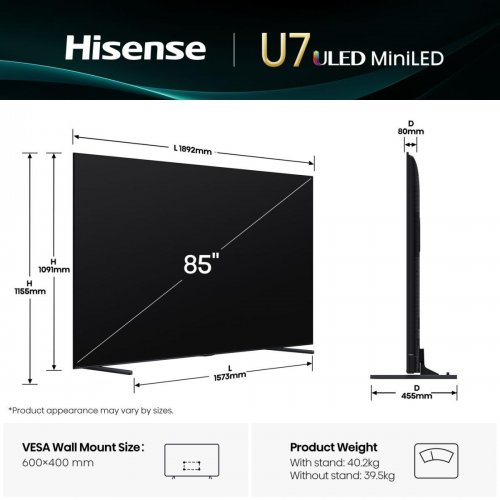 Телевізор Hisense 85" 85U7Q Black купити в Україні: Київ, Львів, Хмельницький, Тернопіль | Низька ціна, відгуки, характеристики від TELEMART фото