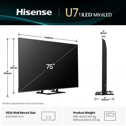 Телевізор Hisense 75" 75U7Q Black купити в Україні: Київ, Львів, Хмельницький, Тернопіль | Низька ціна, відгуки, характеристики від TELEMART фото