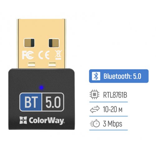 Bluetooth адаптер ColorWay Bluetooth 5.0 (CW-AD-BT50) Black купить в Украине: Киев, Днепр, Харьков, Одесса  | Низкая цена, отзывы, характеристики от TELEMART фото