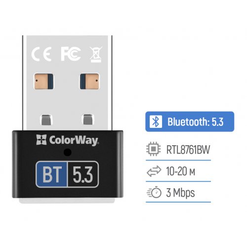 Bluetooth адаптер ColorWay Bluetooth 5.3 (CW-AD-BT53) Black купить в Украине: Киев, Днепр, Харьков, Одесса  | Низкая цена, отзывы, характеристики от TELEMART фото