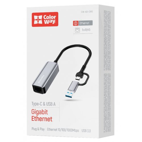 Сетевая карта ColorWay USB-A/USB-С 3.0 to RJ45 Gigabit Ethernet (CW-AD-CRG) Gray купить в Украине: Киев, Днепр, Харьков, Одесса  | Низкая цена, отзывы, характеристики от TELEMART фото