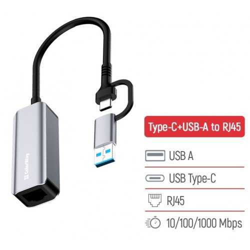 Сетевая карта ColorWay USB-A/USB-С 3.0 to RJ45 Gigabit Ethernet (CW-AD-CRG) Gray купить в Украине: Киев, Днепр, Харьков, Одесса  | Низкая цена, отзывы, характеристики от TELEMART фото