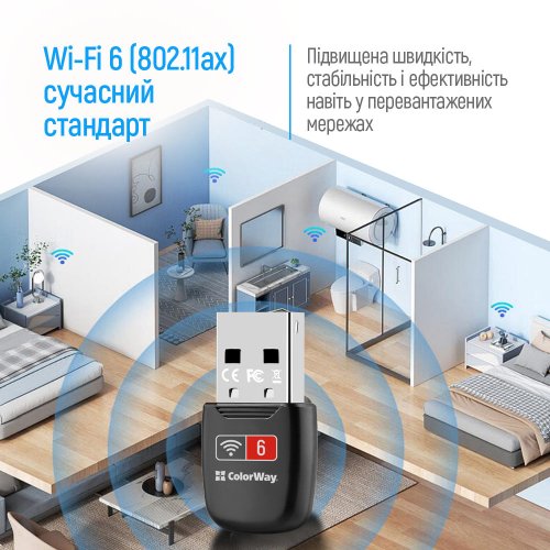 Wi-Fi адаптер ColorWay Wi-Fi 6 (CW-AD-W1) купить в Украине: Киев, Днепр, Харьков, Одесса  | Низкая цена, отзывы, характеристики от TELEMART фото