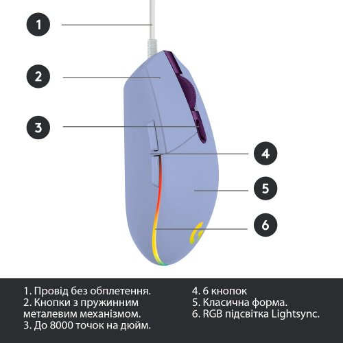 Уценка мышка Logitech G102 Lightsync (910-005854) Lilac (Вскрытая упаковка, 815505) купить в Украине: Киев, Днепр, Харьков, Одесса  | Низкая цена, отзывы, характеристики от TELEMART фото