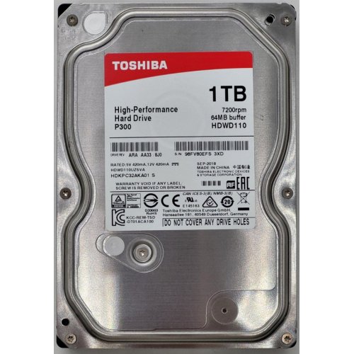 Жесткий диск Toshiba P300 1TB 64MB 7200RPM 3.5" (HDWD110UZSVA) (Восстановлено продавцом, 815608) купить в Украине: Киев, Днепр, Харьков, Одесса  | Проверка совместимости, низкая цена, отзывы, характеристики от TELEMART фото