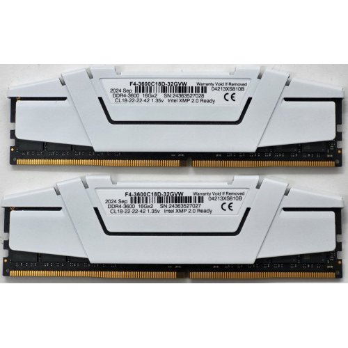 Озп G.Skill DDR4 32GB (2x16GB) 3600Mhz Ripjaws V White (F4-3600C18D-32GVW) (Відновлено продавцем, 816162) купити в Україні: Київ, Львів, Хмельницький, Тернопіль | Перевірка сумісності, низька ціна, відгуки, характеристики від TELEMART фото