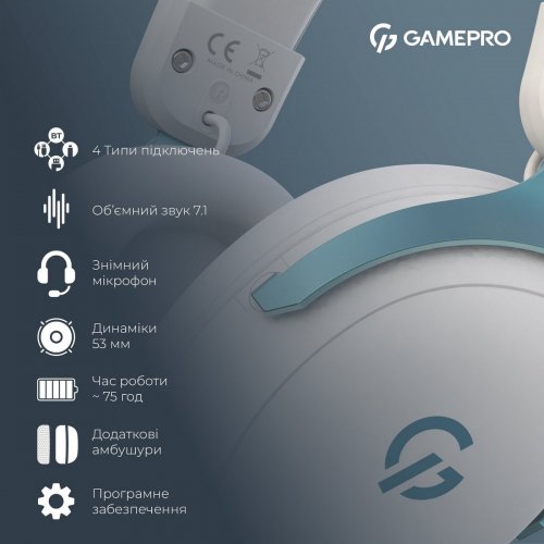Наушники GamePro Asgard Freya Pro Wireless (HSW201WB) White/Blue купить в Украине: Киев, Днепр, Харьков, Одесса  | Низкая цена, отзывы, характеристики от TELEMART фото