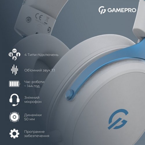 Навушники GamePro Asgard Skadi Wireless (HSW191WB) White/Blue купити в Україні: Київ, Львів, Хмельницький, Тернопіль, Івано-Франківськ | Низька ціна, відгуки, характеристики від TELEMART фото