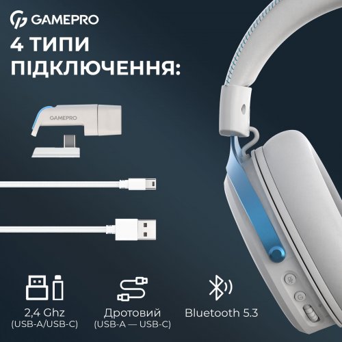 Навушники GamePro Asgard Skadi Wireless (HSW191WB) White/Blue купити в Україні: Київ, Львів, Хмельницький, Тернопіль, Івано-Франківськ | Низька ціна, відгуки, характеристики від TELEMART фото