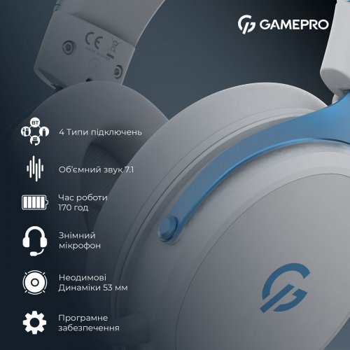 Навушники GamePro Asgard Skadi Wireless (HSW191WB) White/Blue купити в Україні: Київ, Львів, Хмельницький, Тернопіль, Івано-Франківськ | Низька ціна, відгуки, характеристики від TELEMART фото