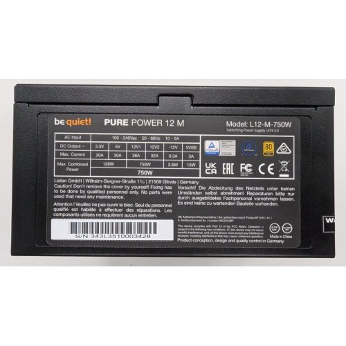 Блок живлення Be Quiet! Pure Power 12 M 750W (BN343) (Відновлено продавцем, 818890) купити в Україні: Київ, Львів, Хмельницький, Тернопіль | Перевірка сумісності, низька ціна, відгуки, характеристики від TELEMART фото