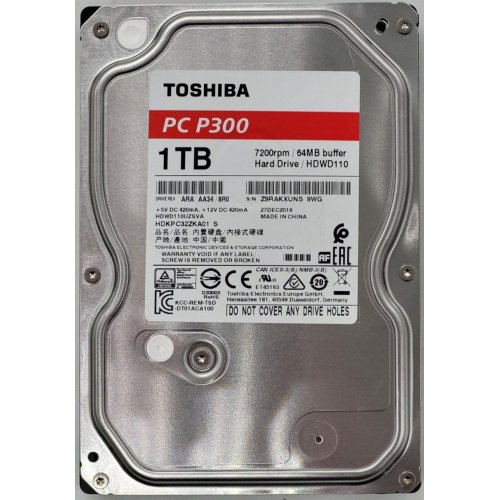 Жорсткий диск Toshiba P300 1TB 64MB 7200RPM 3.5" (HDWD110UZSVA) (Відновлено продавцем, 819665) купити в Україні: Київ, Львів, Хмельницький, Тернопіль | Перевірка сумісності, низька ціна, відгуки, характеристики від TELEMART фото