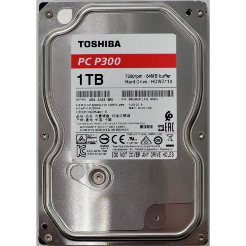 Жорсткий диск Toshiba P300 1TB 64MB 7200RPM 3.5" (HDWD110UZSVA) (Відновлено продавцем, 819995) купити в Україні: Київ, Львів, Хмельницький, Тернопіль | Перевірка сумісності, низька ціна, відгуки, характеристики від TELEMART фото