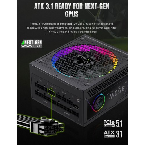 Блок питания GAMEMAX RGB PRO 850G 850W (RGB PRO 850G) Black купить в Украине: Киев, Днепр, Харьков, Одесса  | Проверка совместимости, низкая цена, отзывы, характеристики от TELEMART фото 17 Блок питания GAMEMAX RGB PRO 850G 850W (RGB PRO 850G) Black купить в Украине: Киев, Днепр, Харьков, Одесса  | Проверка совместимости, низкая цена, отзывы, характеристики от TELEMART фото