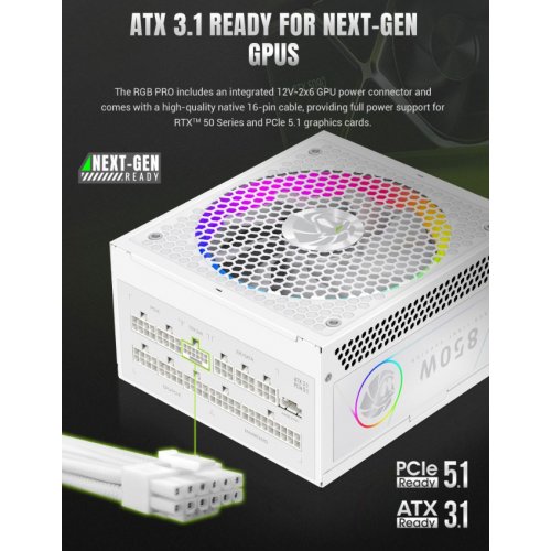 Блок питания GAMEMAX RGB PRO 850G 850W (RGB PRO 850G WH) White купить в Украине: Киев, Днепр, Харьков, Одесса  | Проверка совместимости, низкая цена, отзывы, характеристики от TELEMART фото 15 Блок питания GAMEMAX RGB PRO 850G 850W (RGB PRO 850G WH) White купить в Украине: Киев, Днепр, Харьков, Одесса  | Проверка совместимости, низкая цена, отзывы, характеристики от TELEMART фото