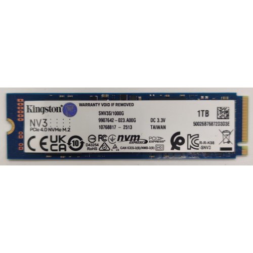 Ssd-диск Kingston NV3 3D NAND 1TB M.2 (2280 PCI-E) NVMe x4 (SNV3S/1000G) (Восстановлено продавцом, 822093) купить в Украине: Киев, Днепр, Харьков, Одесса  | Проверка совместимости, низкая цена, отзывы, характеристики от TELEMART фото