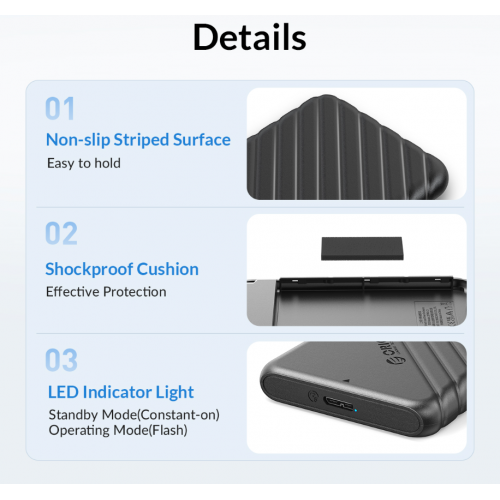 Внешний карман ORICO 25PW1-U3 2.5" SSD/HDD Enclosure USB (ORICO-25PW1-U3-BK-EP-QD) Black купить в Украине: Киев, Днепр, Харьков, Одесса  | Низкая цена, отзывы, характеристики от TELEMART фото