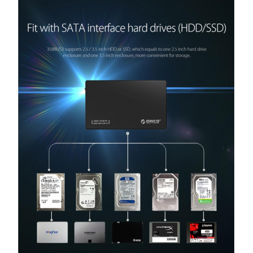Внешний карман ORICO 3588US3-V1 3.5" SSD/HDD Enclosure USB (ORICO-3588US3-V1-EU-BK-BP-HW) Black купить в Украине: Киев, Днепр, Харьков, Одесса  | Низкая цена, отзывы, характеристики от TELEMART фото
