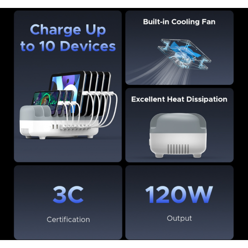 Сетевое зарядное устройство ORICO DUK-10P-V1 Smart Charging Station 10 x USB 120W (ORICO-DUK-10P-V1-EU-BK-BP) Black купить в Украине: Киев, Днепр, Харьков, Одесса  | Низкая цена, отзывы, характеристики от TELEMART фото