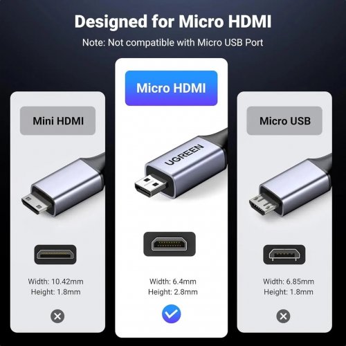 Кабель Ugreen HD164 Micro HDMI to HDMI 2.1 8K 2m (15517) Black купити в Україні: Київ, Львів, Хмельницький, Тернопіль | Низька ціна, відгуки, характеристики від TELEMART фото